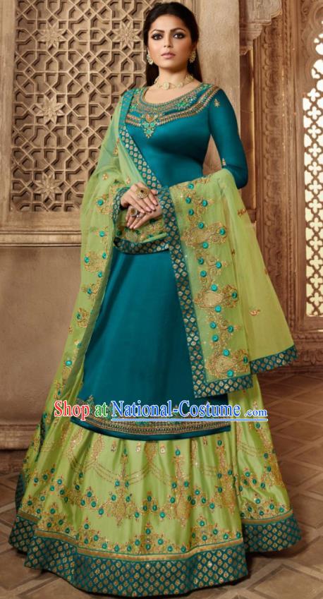 Asian Indian Embroidered Peacock Blue Satin Blouse and Green Skirt India Traditional Lehenga Choli Costumes Complete Set for Women