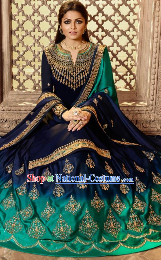 Asian Indian Embroidered Royalblue Satin Blouse and Green Skirt India Traditional Lehenga Choli Costumes Complete Set for Women