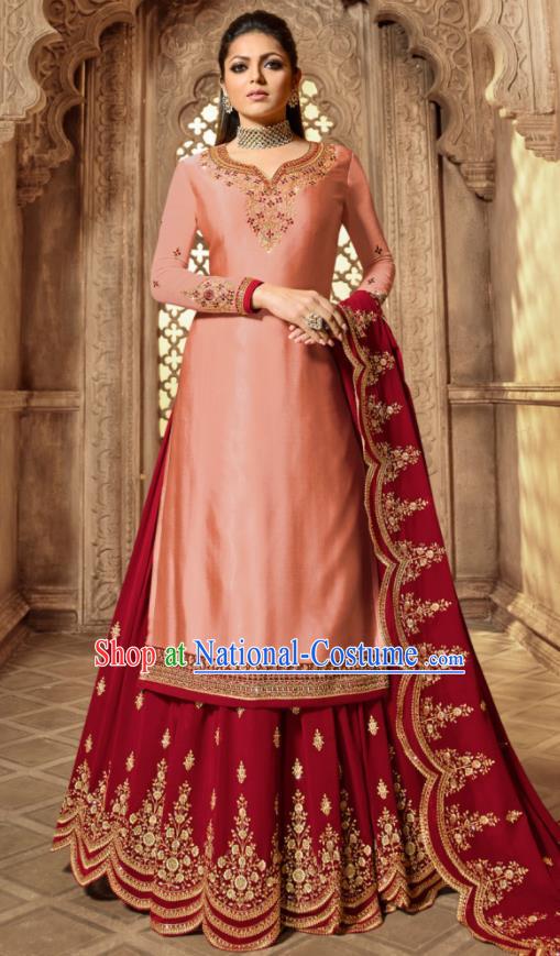 Asian Indian Embroidered Pink Satin Blouse and Wine Red Skirt India Traditional Lehenga Choli Costumes Complete Set for Women