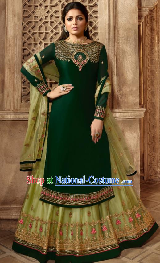 Asian Indian Embroidered Deep Green Satin Blouse and Skirt India Traditional Lehenga Choli Costumes Complete Set for Women