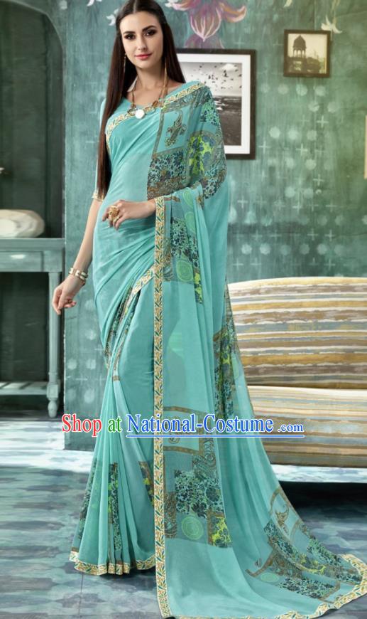 Indian Traditional Bollywood Printing Sari Light Blue Dress Asian India National Festival Costumes for Women