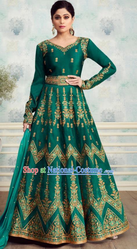 Indian Traditional Bollywood Court Green Silk Anarkali Dress Asian India National Festival Costumes for Women