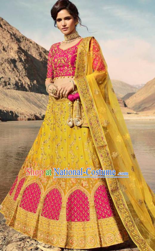 Indian Traditional Lehenga Embroidered Yellow Dress Asian India National Festival Costumes for Women