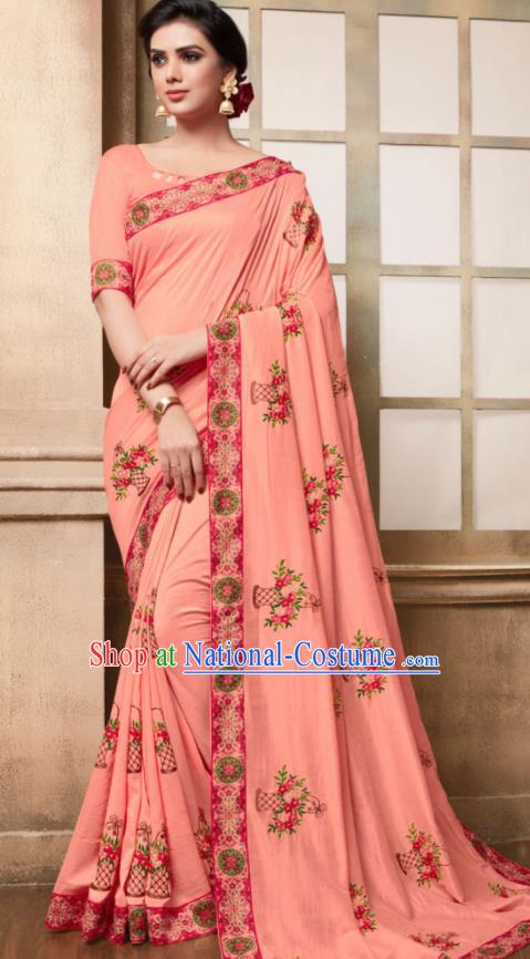 Indian Traditional Bollywood Embroidered Pink Silk Sari Dress Asian India National Festival Costumes for Women