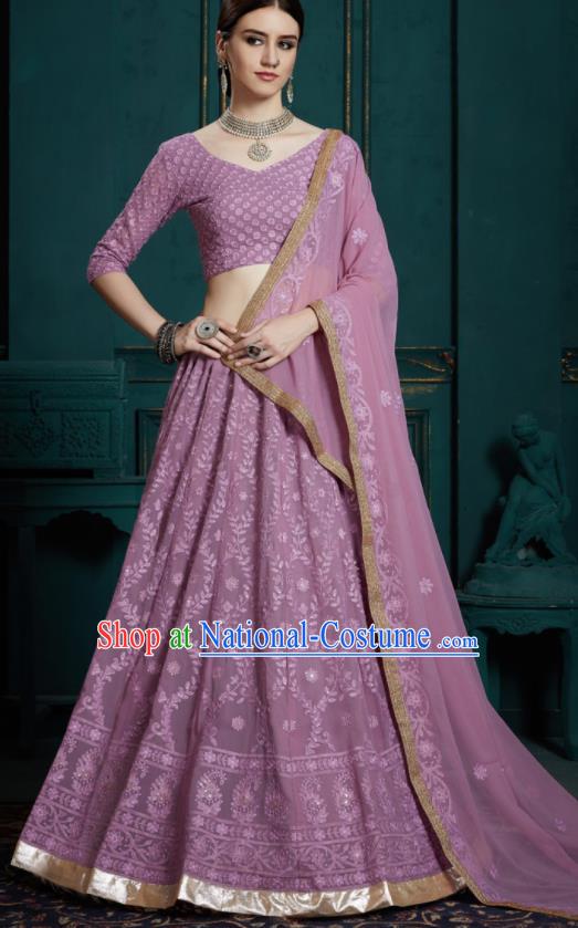 Indian Traditional Lehenga Embroidered Purple Dress Asian India National Festival Costumes for Women