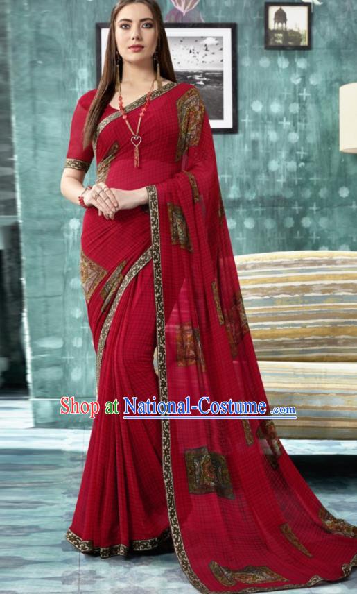 Indian Traditional Bollywood Printing Sari Dark Red Dress Asian India National Festival Costumes for Women