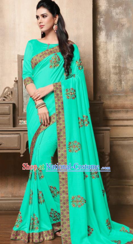 Indian Traditional Bollywood Embroidered Viridis Silk Sari Dress Asian India National Festival Costumes for Women