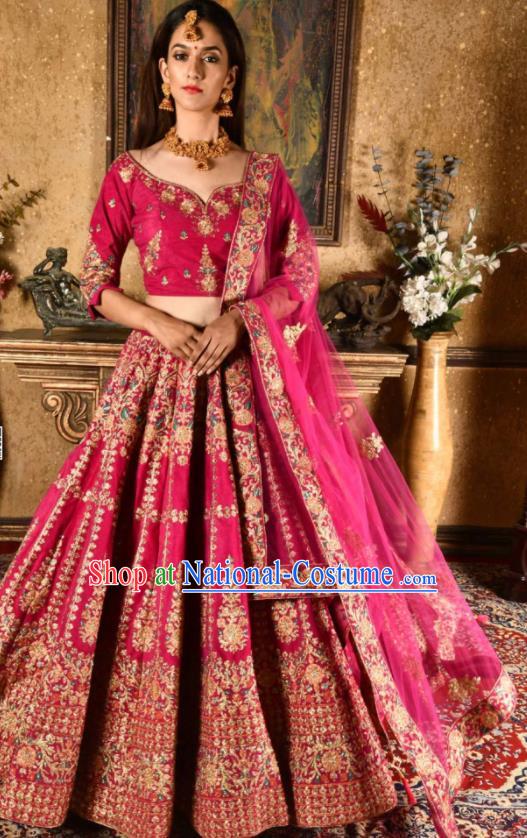 Indian Traditional Bollywood Wedding Embroidered Lehenga Rosy Dress Asian India National Festival Costumes for Women