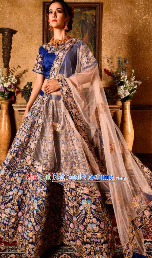 Indian Traditional Bollywood Wedding Embroidered Lehenga Deep Blue Dress Asian India National Festival Costumes for Women