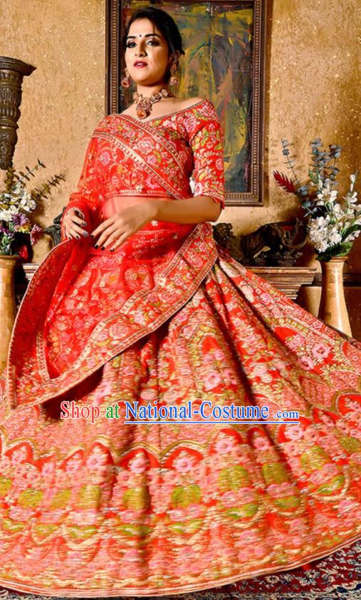 Indian Traditional Bollywood Wedding Embroidered Lehenga Red Dress Asian India National Festival Costumes for Women