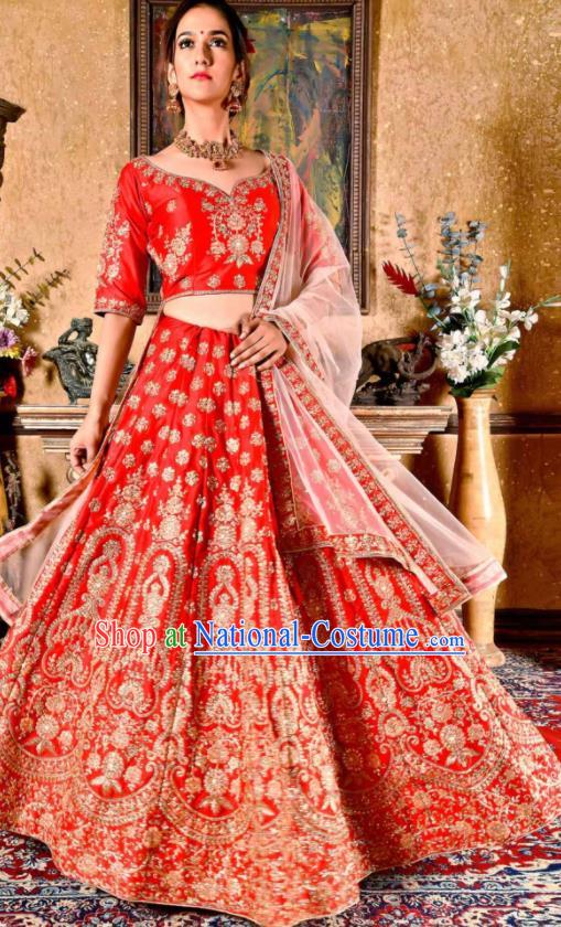 Indian Traditional Bollywood Wedding Embroidered Lehenga Red Dress Asian India National Festival Costumes for Women