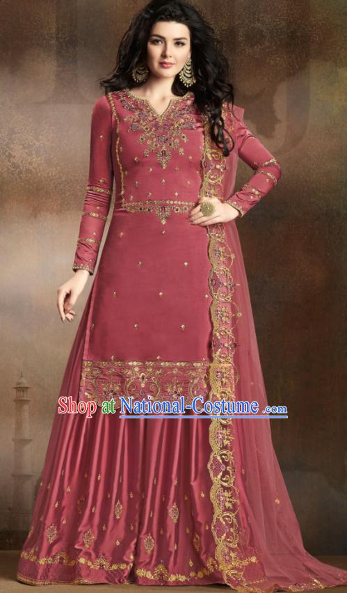 Asian Indian Traditional Embroidered Wine Red Satin Blouse and Loose Pants India Punjabis Lehenga Choli Costumes Complete Set for Women