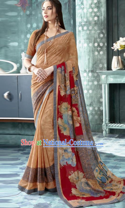 Indian Traditional Bollywood Printing Sari Brown Dress Asian India National Festival Costumes for Women