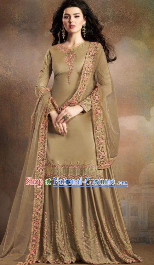 Asian Indian Traditional Embroidered Khaki Satin Blouse and Loose Pants India Punjabis Lehenga Choli Costumes Complete Set for Women