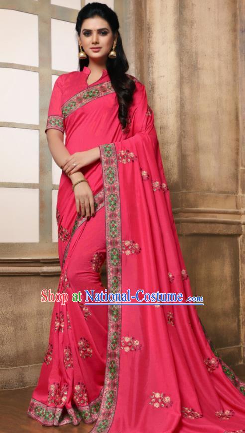 Indian Traditional Bollywood Embroidered Rosy Silk Sari Dress Asian India National Festival Costumes for Women