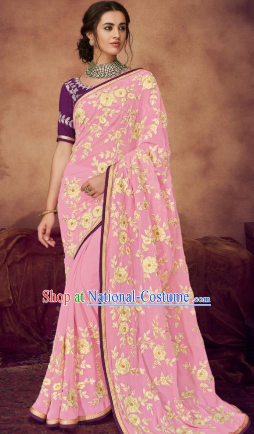 Indian Traditional Court Bollywood Embroidered Pink Sari Dress Asian India National Festival Costumes for Women