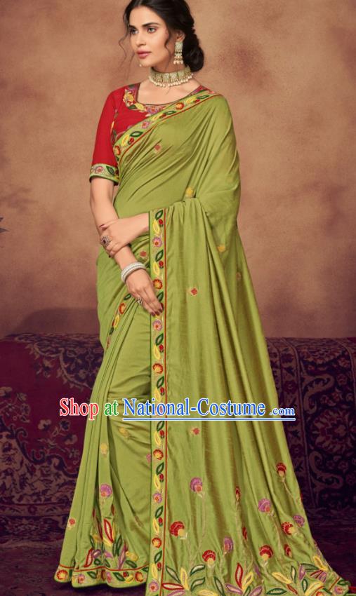 Indian Traditional Court Bollywood Embroidered Olive Green Sari Dress Asian India National Festival Costumes for Women