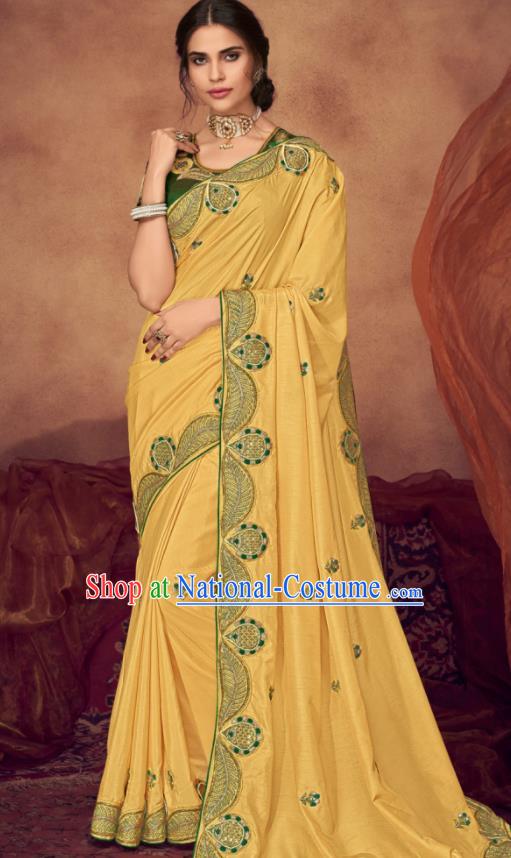 Indian Traditional Court Bollywood Embroidered Yellow Sari Dress Asian India National Festival Costumes for Women