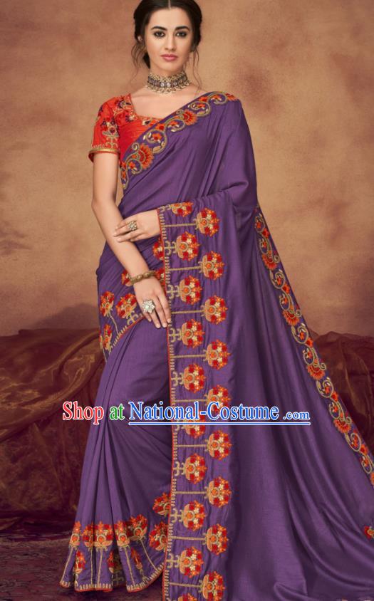 Indian Traditional Court Bollywood Embroidered Purple Sari Dress Asian India National Festival Costumes for Women