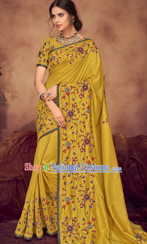 Indian Traditional Court Bollywood Embroidered Yellow Silk Sari Dress Asian India National Festival Costumes for Women