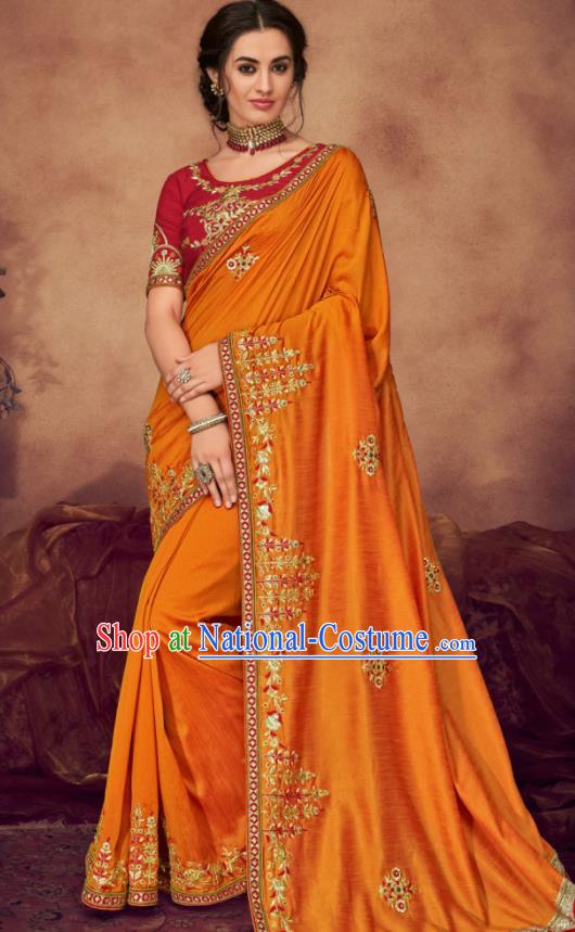 Indian Traditional Court Bollywood Embroidered Orange Sari Dress Asian India National Festival Costumes for Women