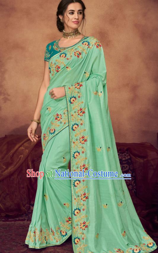 Indian Traditional Court Bollywood Embroidered Light Green Sari Dress Asian India National Festival Costumes for Women