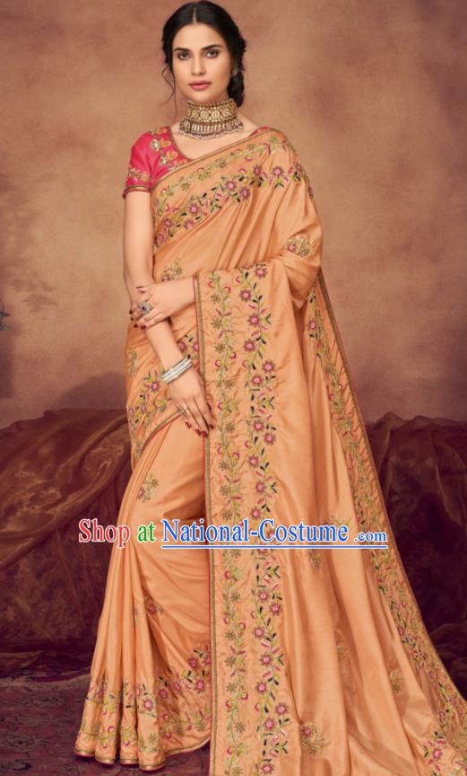 Indian Traditional Court Bollywood Embroidered Light Orange Sari Dress Asian India National Festival Costumes for Women