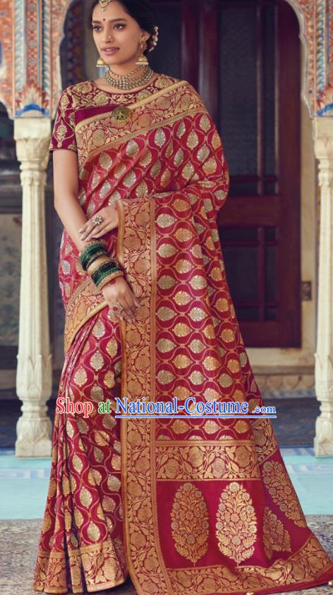 Indian Traditional Festival Wine Red Silk Sari Dress Asian India National Court Bollywood Costumes for Women