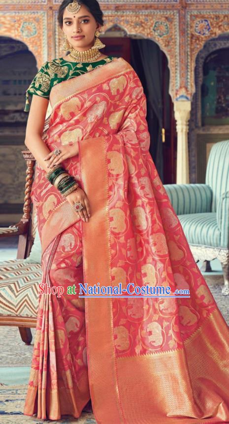 Indian Traditional Festival Pink Silk Sari Dress Asian India National Court Bollywood Costumes for Women