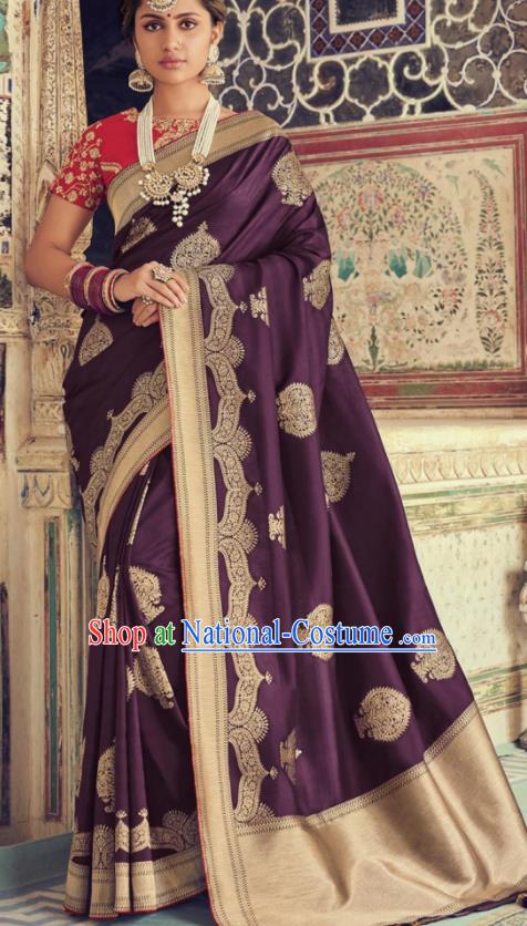 Indian Traditional Festival Deep Purple Silk Sari Dress Asian India National Court Bollywood Costumes for Women