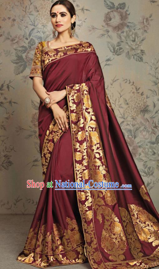 Indian Traditional Festival Jacquard Purplish Red Sari Dress Asian India National Court Bollywood Costumes for Women