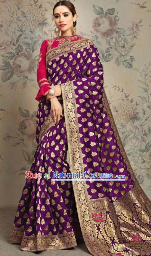 Indian Traditional Festival Jacquard Purple Sari Dress Asian India National Court Bollywood Costumes for Women