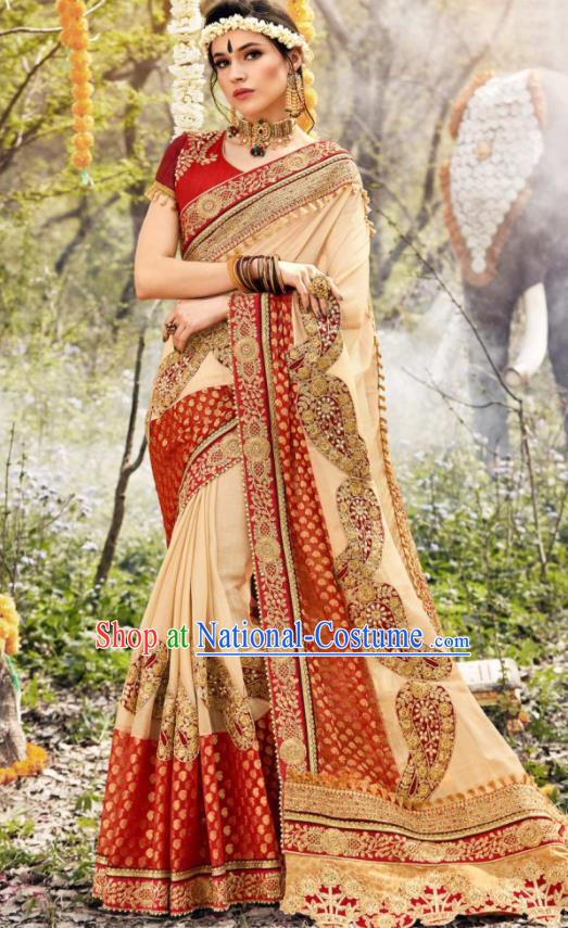 Indian Traditional Festival Apricot Georgette Sari Dress Asian India National Court Bollywood Costumes for Women