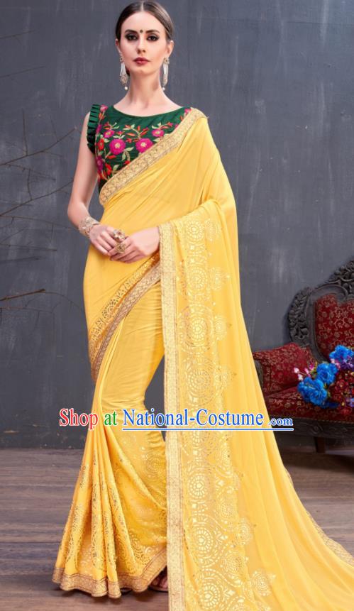 Indian Traditional Festival Yellow Georgette Sari Dress Asian India National Court Bollywood Costumes for Women