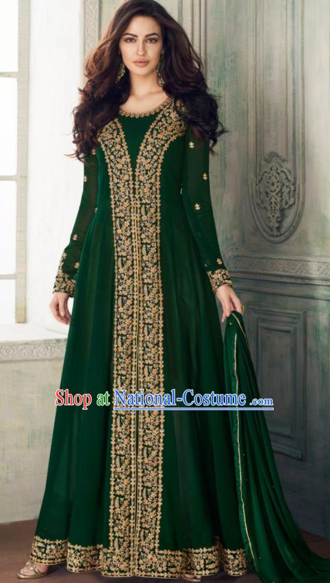 Indian Traditional Festival Embroidered Deep Green Anarkali Dress Asian India National Court Bollywood Costumes for Women