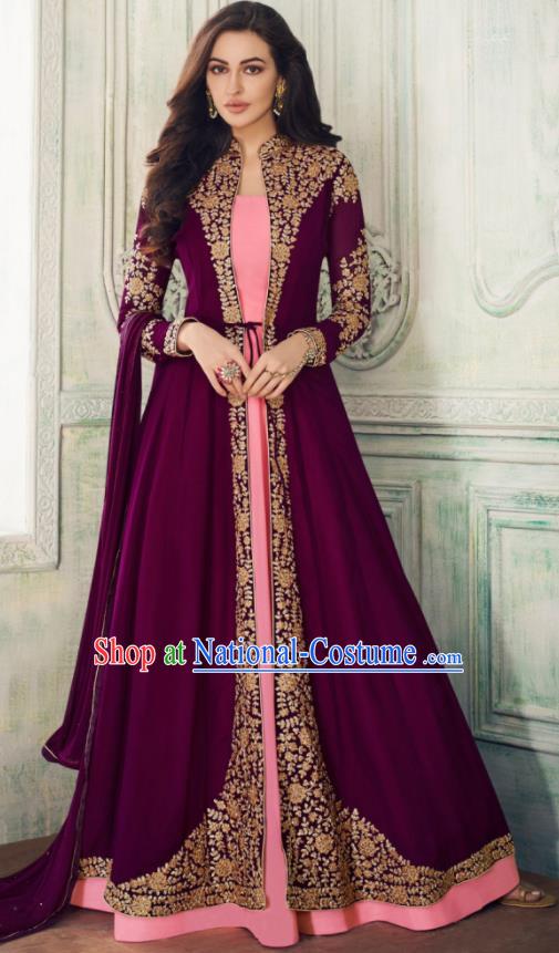 Indian Traditional Festival Embroidered Purple Anarkali Dress Asian India National Court Bollywood Costumes for Women