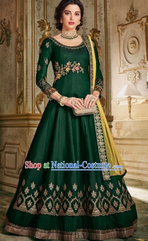 Indian Traditional Festival Deep Green Anarkali Dress Asian India National Court Bollywood Costumes for Women