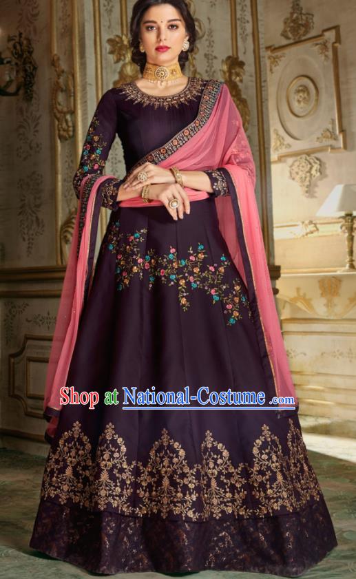 Indian Traditional Festival Deep Purple Anarkali Dress Asian India National Court Bollywood Costumes for Women