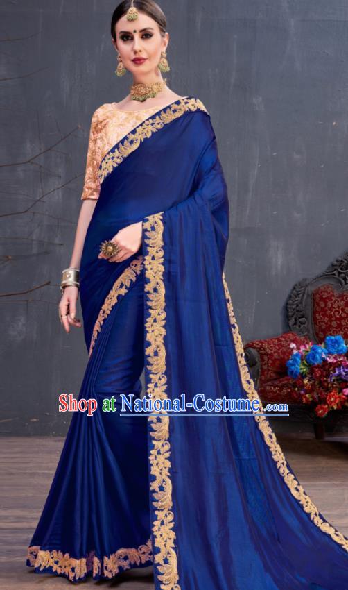 Indian Traditional Festival Royalblue Silk Sari Dress Asian India National Court Bollywood Costumes for Women