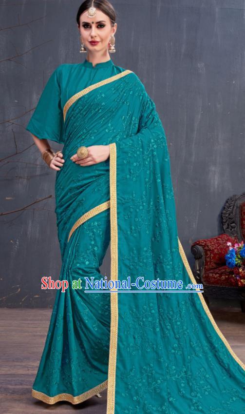 Indian Traditional Festival Lake Blue Sari Dress Asian India National Court Bollywood Costumes for Women