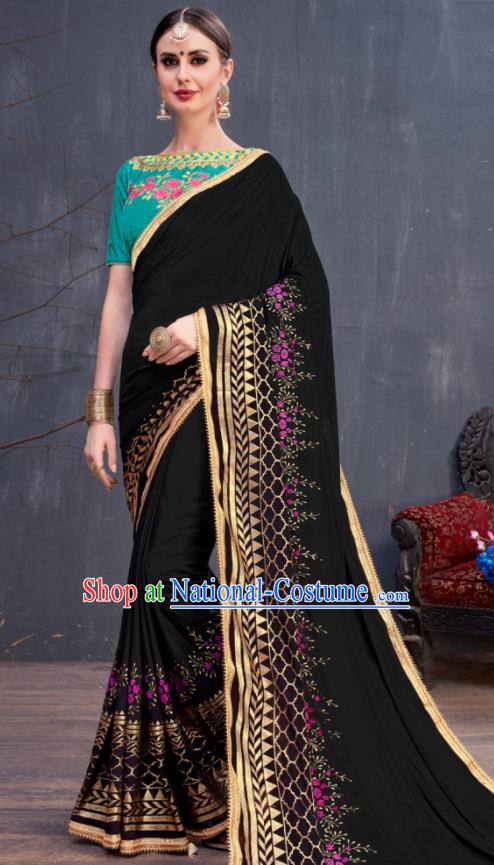 Indian Traditional Festival Black Georgette Sari Dress Asian India National Court Bollywood Costumes for Women