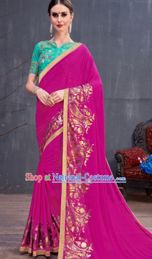 Indian Traditional Festival Rosy Georgette Sari Dress Asian India National Court Bollywood Costumes for Women