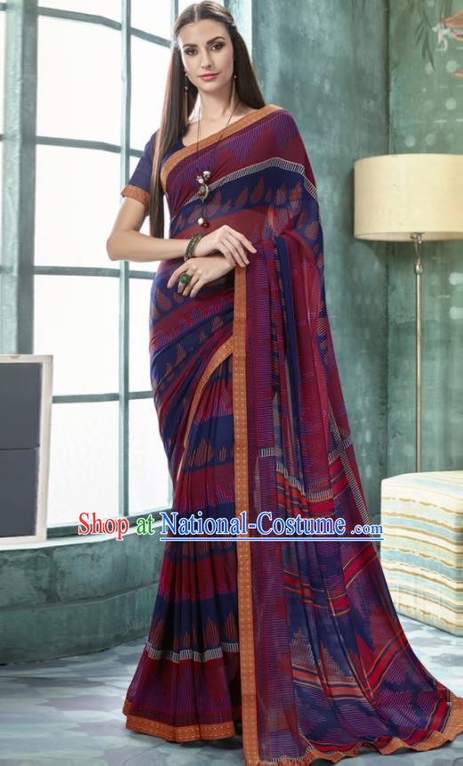 Indian Traditional Bollywood Printing Sari Purple Dress Asian India National Festival Costumes for Women