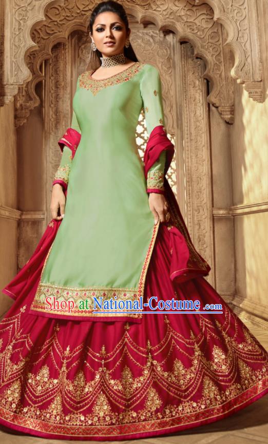 Asian Indian Embroidered Green Satin Blouse and Red Skirt India Traditional Lehenga Choli Costumes Complete Set for Women