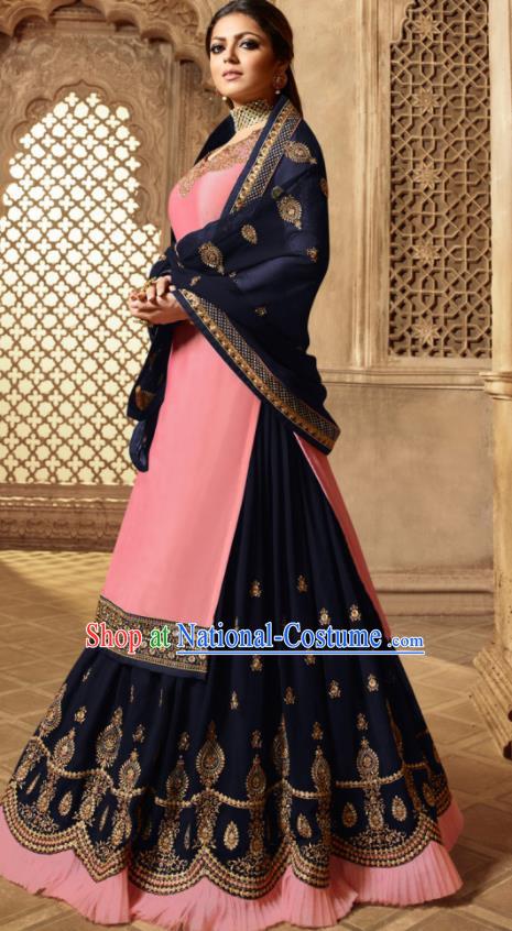 Asian Indian Embroidered Pink Satin Blouse and Navy Skirt India Traditional Lehenga Choli Costumes Complete Set for Women