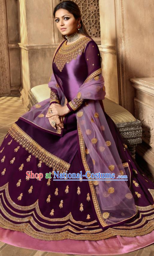 Asian Indian Embroidered Purple Satin Blouse and Skirt India Traditional Lehenga Choli Costumes Complete Set for Women