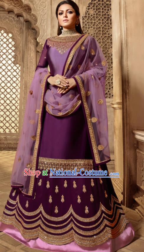 Asian Indian Embroidered Purple Satin Blouse and Skirt India Traditional Lehenga Choli Costumes Complete Set for Women