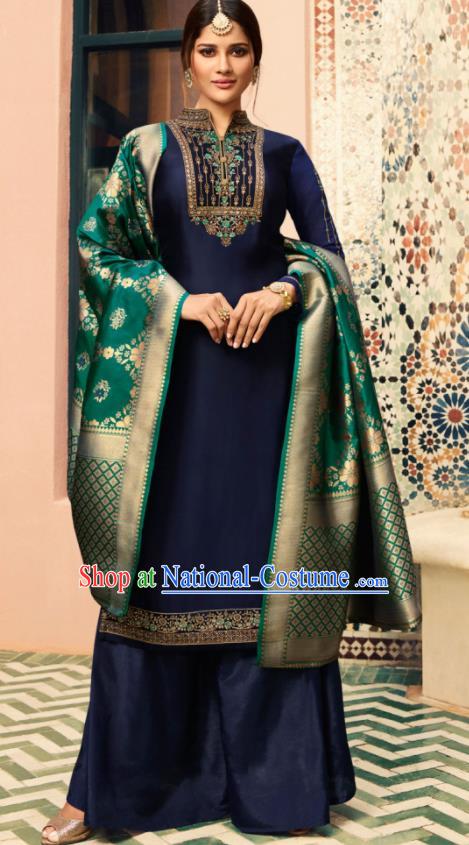 Indian Traditional Embroidered Navy Satin Blouse and Loose Pants India Punjabis Lehenga Choli Costumes Complete Set for Women