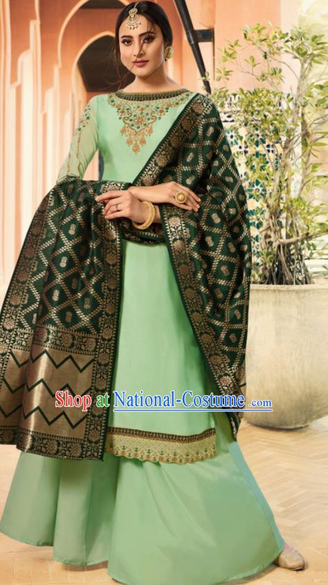 Indian Traditional Embroidered Light Green Satin Blouse and Loose Pants India Punjabis Lehenga Choli Costumes Complete Set for Women