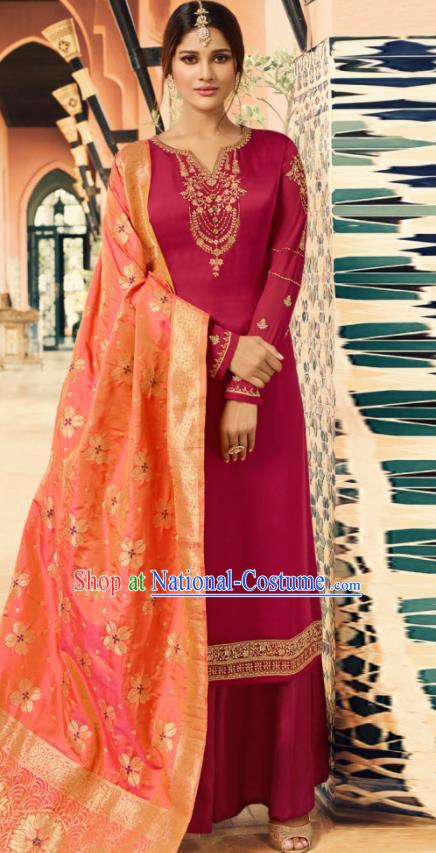 Indian Traditional Embroidered Wine Red Satin Blouse and Loose Pants India Punjabis Lehenga Choli Costumes Complete Set for Women